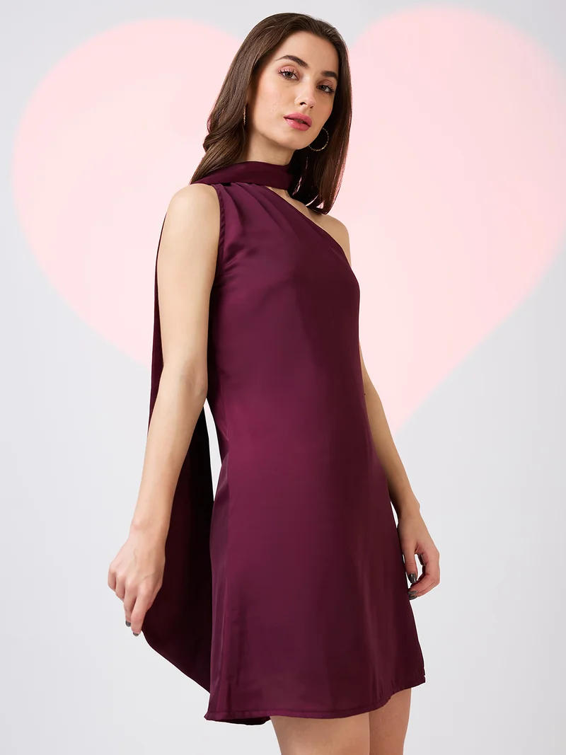 globus Women Scarf Drape Neck One Shoulder Solid Mini A-Line Party Dress