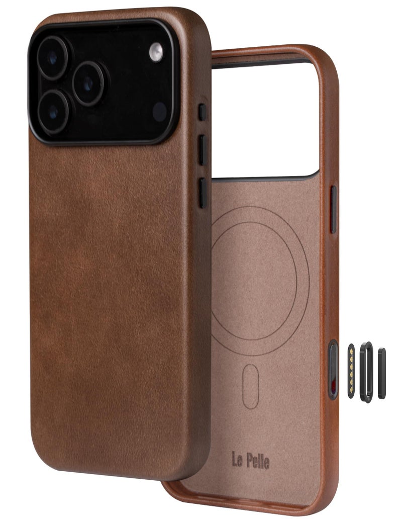 Le Pelle - Handcrafted Premium Italian Leather Case for iPhone 17 Pro - [Built-in Camera Control] - Compatible with Magsafe - Two-Tone Effect with Unique Patina Over Time - Cocoa Brown - Image 1