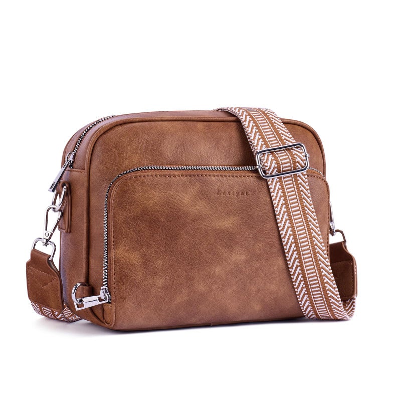 Lexiyat Crossbody Purses for Women Vegan Leather Travel Anti Theft Bags Guitar Strap Shoulder Purse with Built in Wallet Brown - Image 1