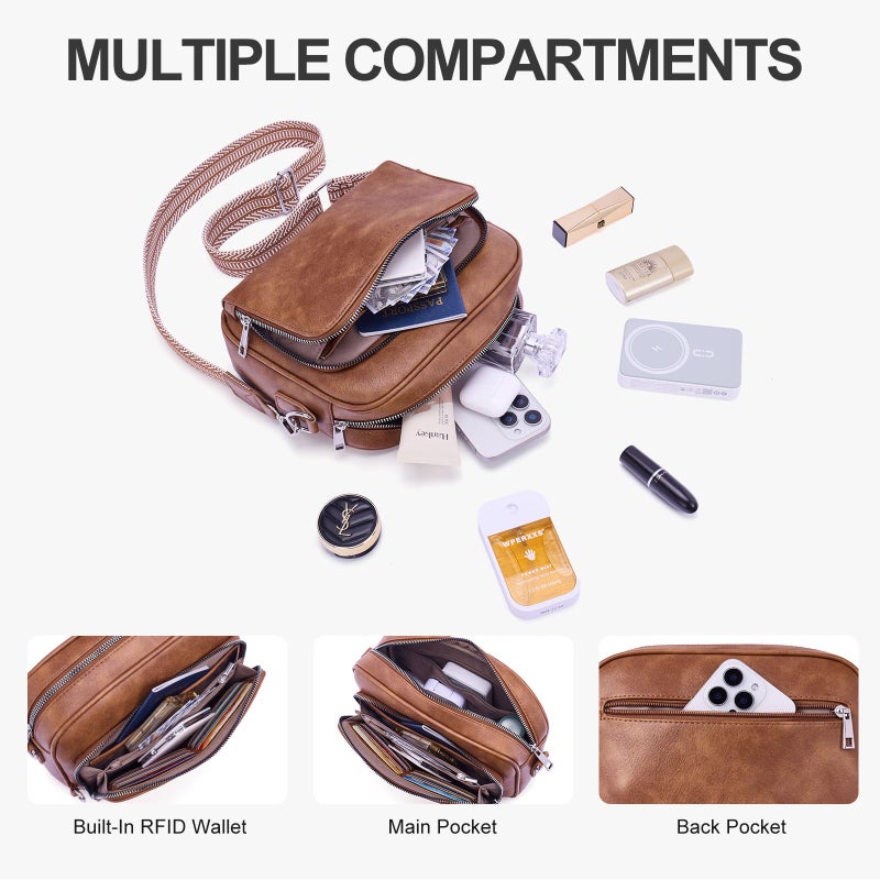 Lexiyat Crossbody Purses for Women Vegan Leather Travel Anti Theft Bags Guitar Strap Shoulder Purse with Built in Wallet Brown - Image 3