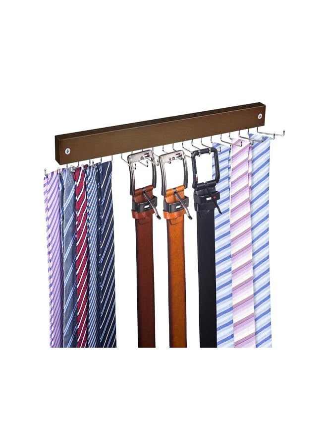 OTECKK Tie Rack Wall Mounted, Natrual Wood Tie Organizer Holds 20 Ties/Belt/Purse, Tie and Belt Organizer w/ 360° Roatable Hooks,Screw Nail, Ideal for Installation on WallDoorCloset, 1 Pack, Walnut  - Image 1