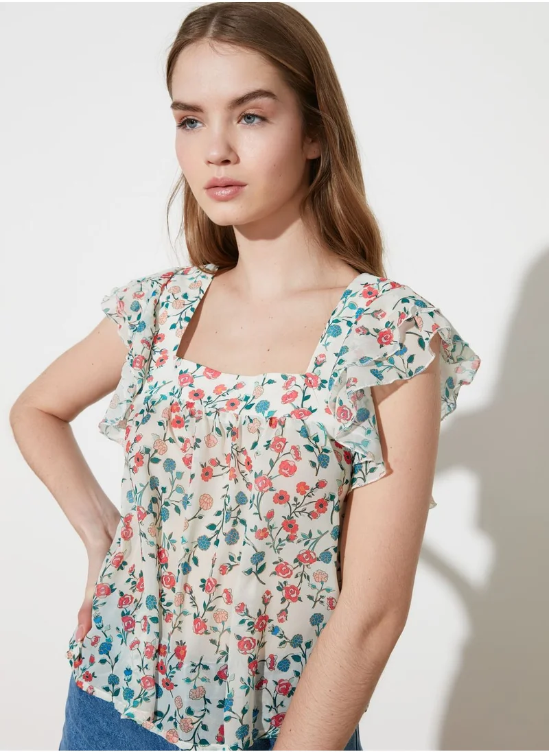 trendyol Ruffle Detail Floral Print Top