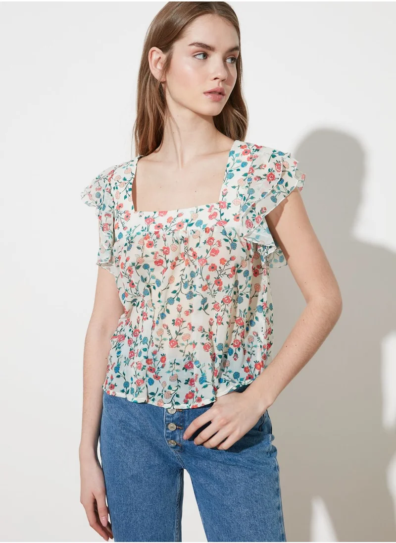 trendyol Ruffle Detail Floral Print Top