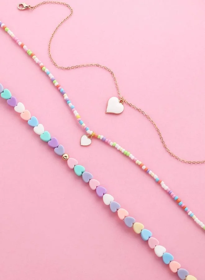 Pack of 3 - Girls Multi-Color Heart Charm Chocker Necklaces