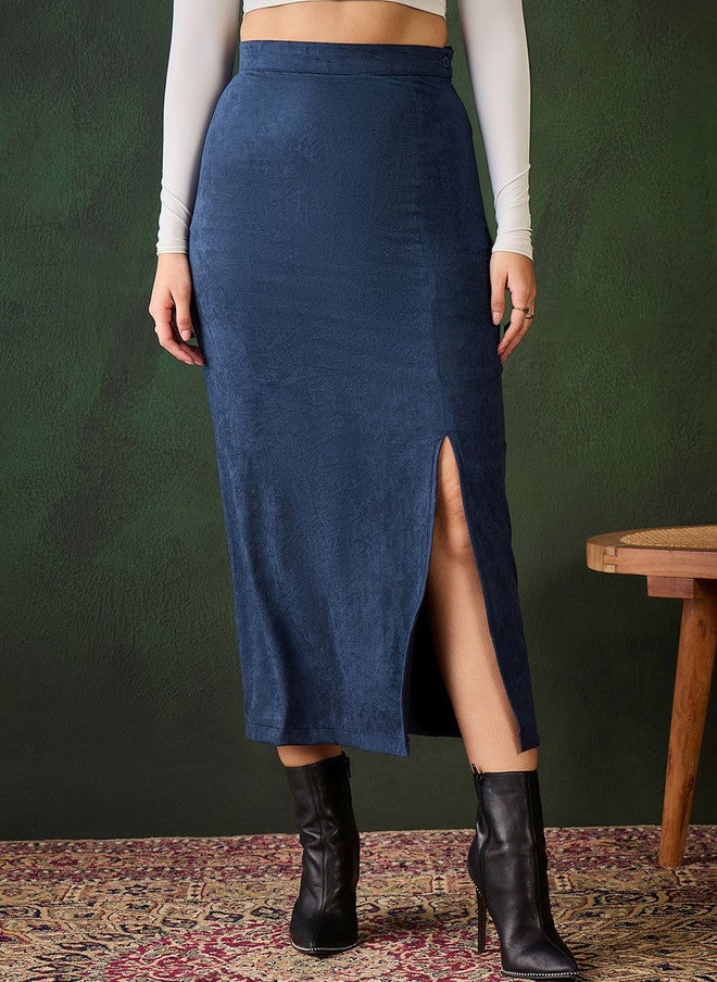 StyleStone Women's Blue Solid Straight Maxi Skirt with Side Slit - Image 2