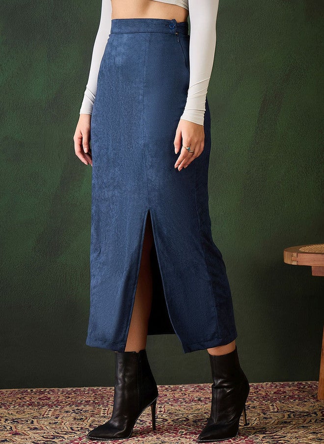 StyleStone Women's Blue Solid Straight Maxi Skirt with Side Slit - Image 3