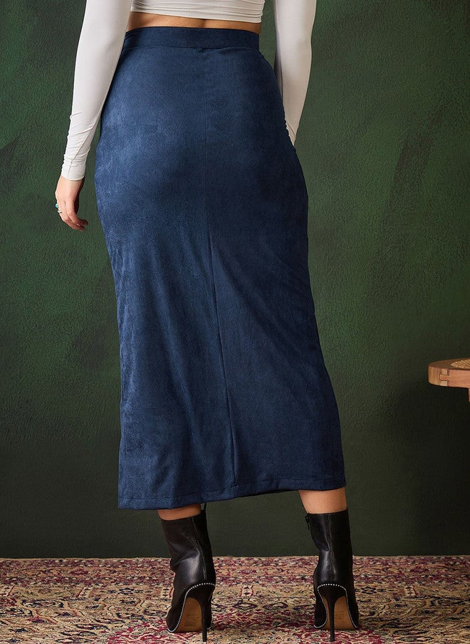 StyleStone Women's Blue Solid Straight Maxi Skirt with Side Slit - Image 4