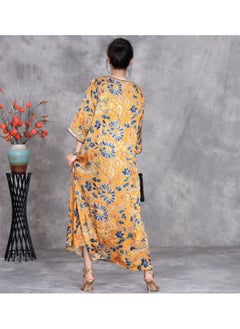 Madam Uniq Yellow Vintage Floral Print Long Dress with Belted Waist for a Slimming Effect and Three-Quarter Sleeves  - Image 2