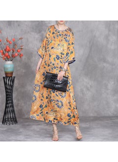 Madam Uniq Yellow Vintage Floral Print Long Dress with Belted Waist for a Slimming Effect and Three-Quarter Sleeves  - Image 3