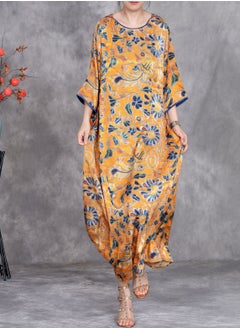 Madam Uniq Yellow Vintage Floral Print Long Dress with Belted Waist for a Slimming Effect and Three-Quarter Sleeves  - Image 1