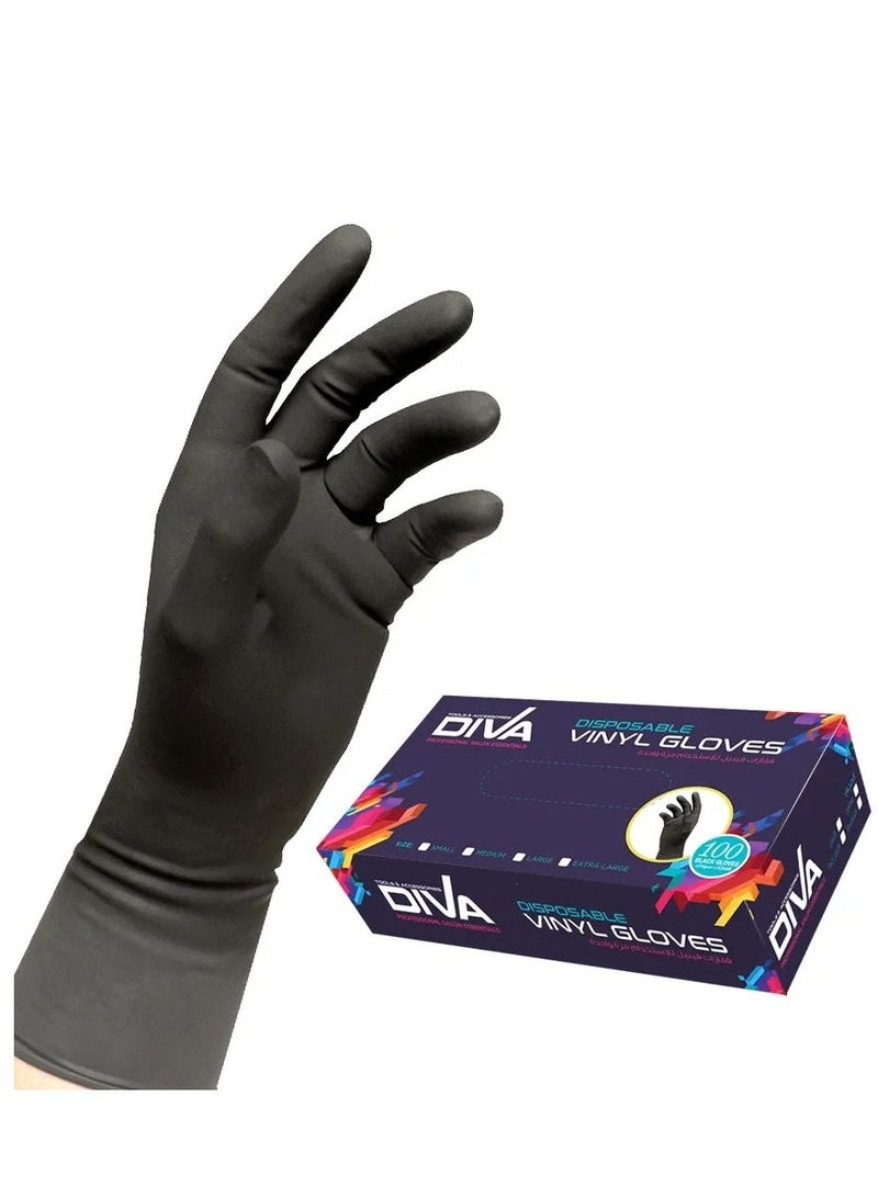 Diva Disposable Vinyl Gloves – Black, Large Size, Powder-Free, Durable and Comfortable (100pcs)