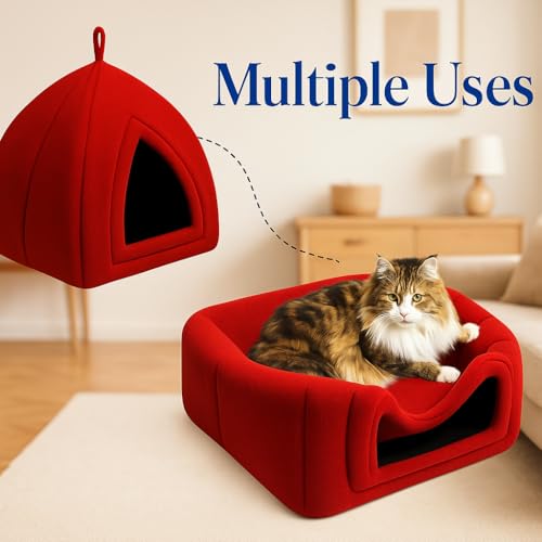 ZEXSAZONE 2-in-1 Red Cat House & Dog Bed | Foldable Igloo Pet House for Small Dogs & Cats | Soft Plush Washable Cushion | Warm Cozy Indoor Puppy Bed|Collapsible Cooling SummerPet Cave| Non-Slip Bottom - Image 3
