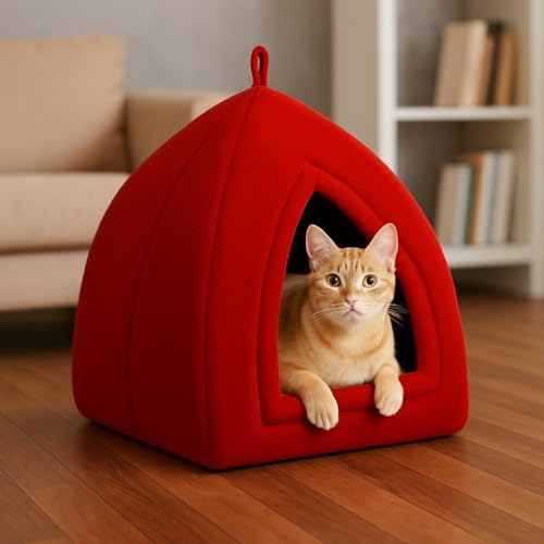 ZEXSAZONE 2-in-1 Red Cat House & Dog Bed | Foldable Igloo Pet House for Small Dogs & Cats | Soft Plush Washable Cushion | Warm Cozy Indoor Puppy Bed|Collapsible Cooling SummerPet Cave| Non-Slip Bottom - Image 2