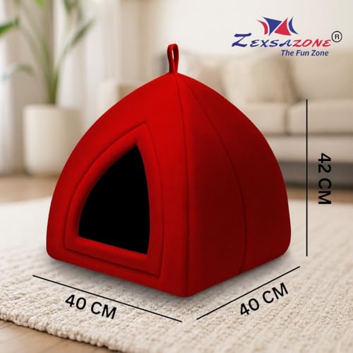 ZEXSAZONE 2-in-1 Red Cat House & Dog Bed | Foldable Igloo Pet House for Small Dogs & Cats | Soft Plush Washable Cushion | Warm Cozy Indoor Puppy Bed|Collapsible Cooling SummerPet Cave| Non-Slip Bottom - Image 5