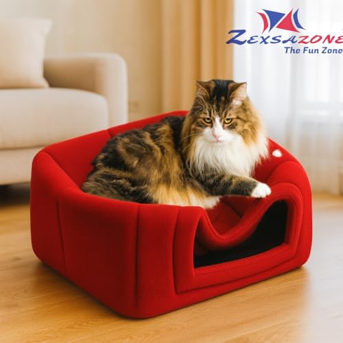 ZEXSAZONE 2-in-1 Red Cat House & Dog Bed | Foldable Igloo Pet House for Small Dogs & Cats | Soft Plush Washable Cushion | Warm Cozy Indoor Puppy Bed|Collapsible Cooling SummerPet Cave| Non-Slip Bottom - Image 4