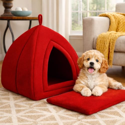 ZEXSAZONE 2-in-1 Red Cat House & Dog Bed | Foldable Igloo Pet House for Small Dogs & Cats | Soft Plush Washable Cushion | Warm Cozy Indoor Puppy Bed|Collapsible Cooling SummerPet Cave| Non-Slip Bottom - Image 1
