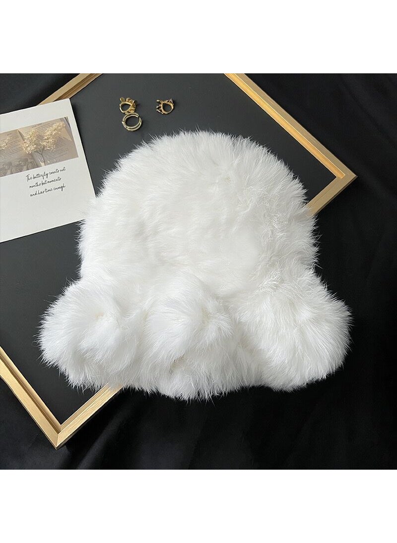 Generic - Warm Soft Suppliable Plush Fur Hat Winter Knit Wool Cap Cute Colorful Rabbit Fur Accessories Motorcycle Helmet Style Overhead White-cloud hat - Image 1