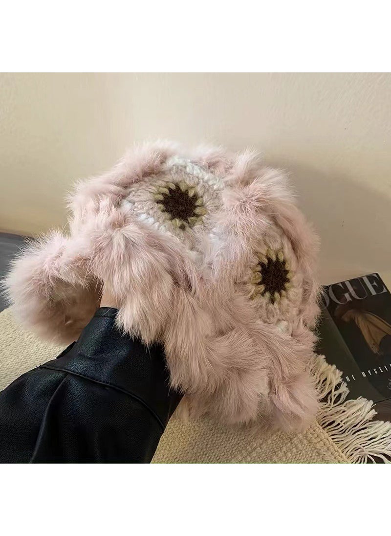 Generic - Warm Soft Suppliable Plush Fur Hat Winter Knit Wool Cap Cute Colorful Rabbit Fur Accessories Motorcycle Helmet Style Overhead White-cloud hat - Image 1