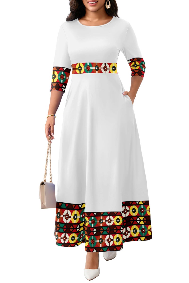 FANDEE Casual Maxi Dresses for Women Elegant 3/4 Sleeve Round Neck Africa Print Church Dress with Pocket - Image 1