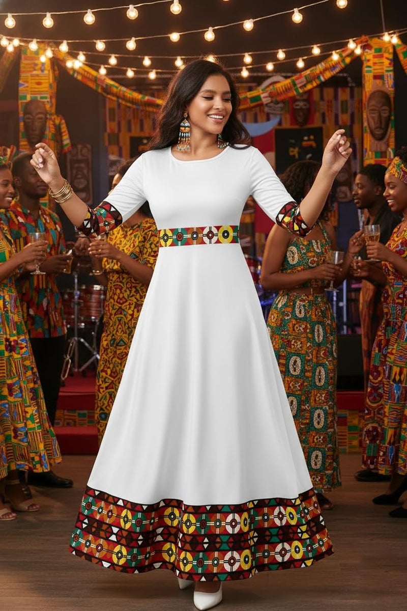 FANDEE Casual Maxi Dresses for Women Elegant 3/4 Sleeve Round Neck Africa Print Church Dress with Pocket - Image 3