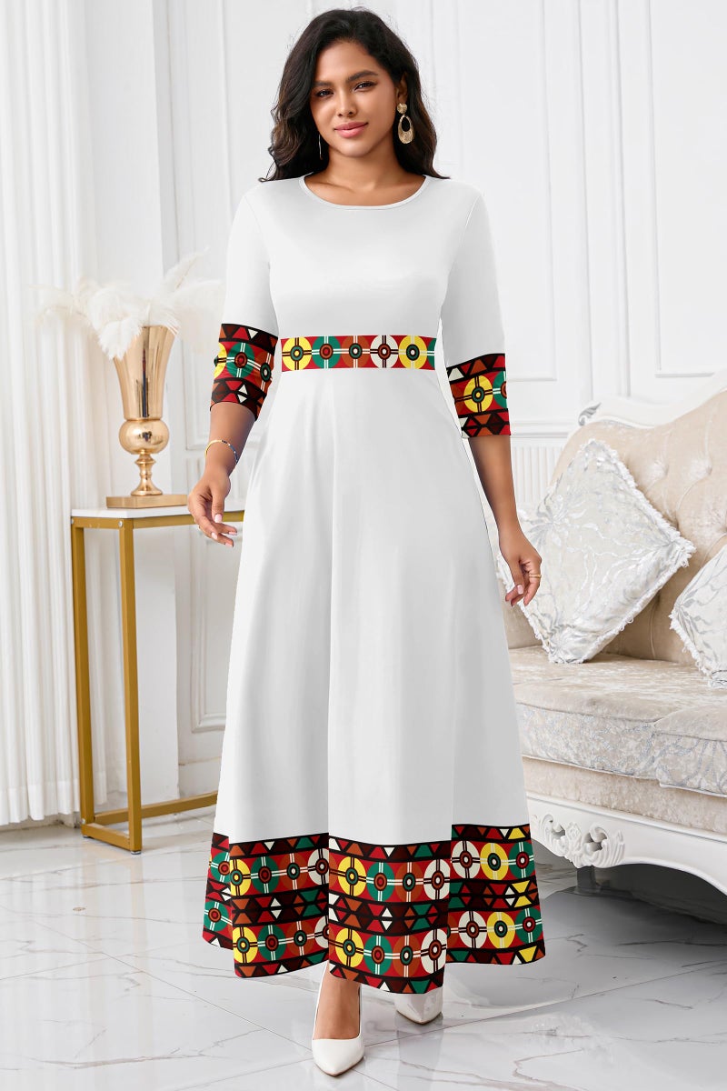 FANDEE Casual Maxi Dresses for Women Elegant 3/4 Sleeve Round Neck Africa Print Church Dress with Pocket - Image 2