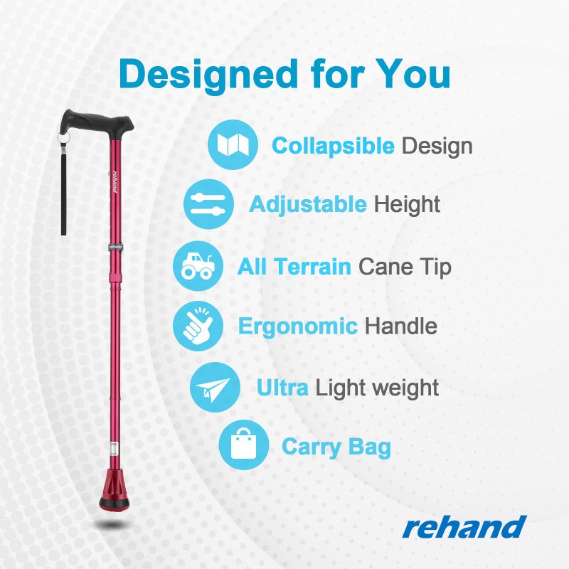 REHAND Walking Cane - Foldable, Adjustable, Collapsible Walking Canes for Men & Women, Heavy Duty All Terrain Tip, with Travel Bag | Walking Sticks for Seniors & Adults [Passion Red] - Image 2