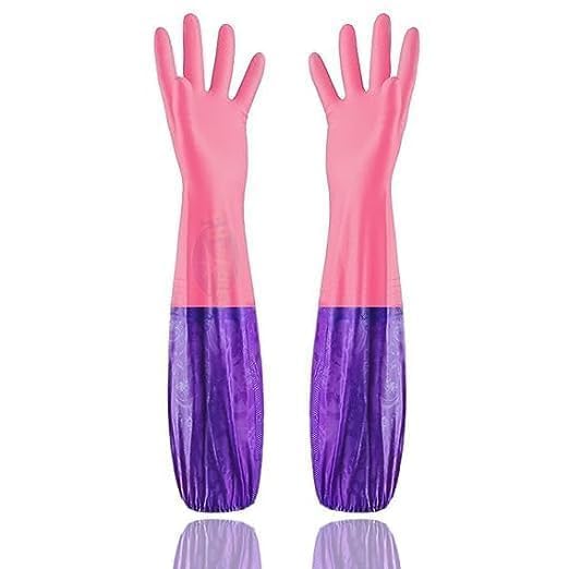 GaxQuly GaxQuly Gloves for Washing Dishes PVC Heavy Duty Skin-friendly Reusable Anti-slip Glove for Washing, Bathroom Cleaning, Dishwashing, Pet Grooming (Pink)  - Image 1