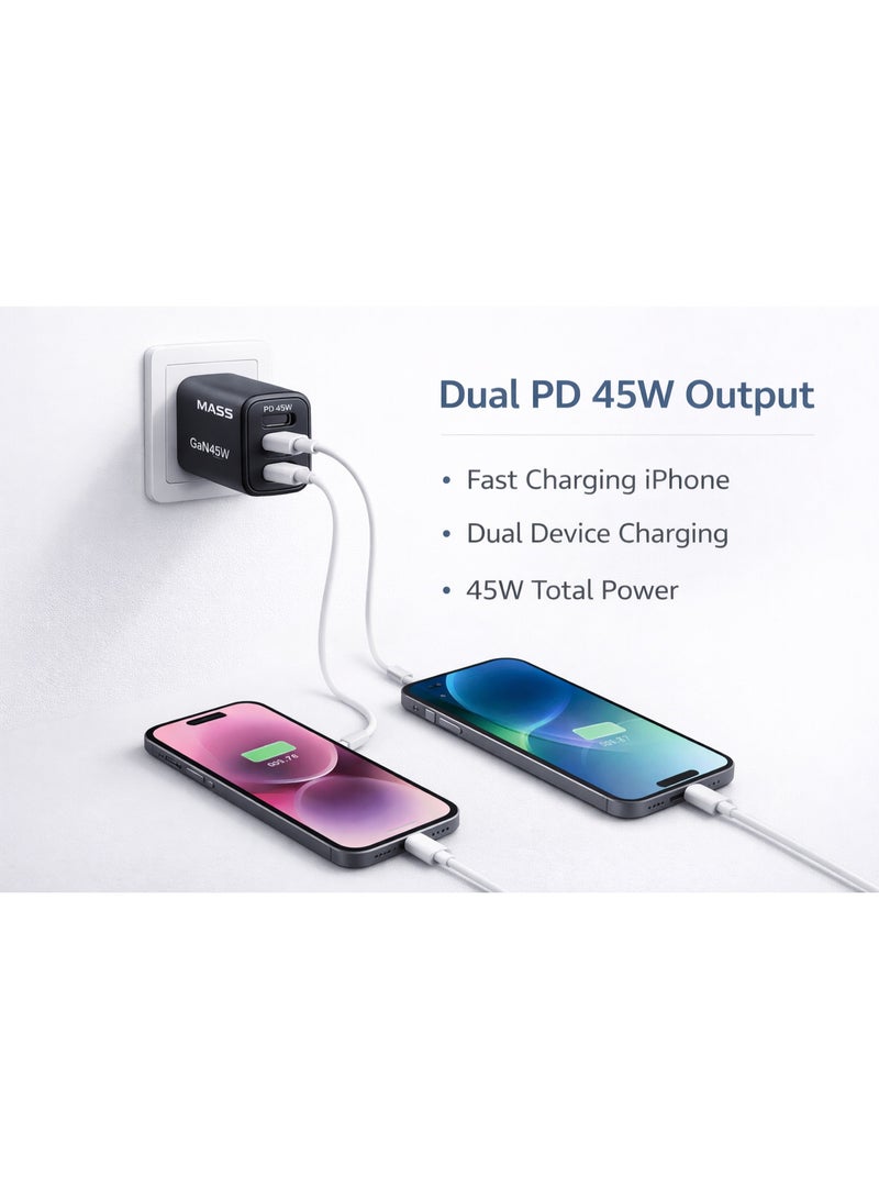 ماس شاحن Mass MA-HC05 ثنائي المنافذ (2 USB-C) بقدرة 45 واط، متوافق مع معايير الاتحاد الأوروبي، شحن سريع، تصميم صغير الحجم، مزود بميزات أمان، أسود | ضمان لمدة 12 شهرًا - Image 3