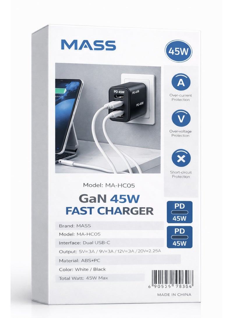 ماس شاحن Mass MA-HC05 ثنائي المنافذ (2 USB-C) بقدرة 45 واط، متوافق مع معايير الاتحاد الأوروبي، شحن سريع، تصميم صغير الحجم، مزود بميزات أمان، أسود | ضمان لمدة 12 شهرًا - Image 2