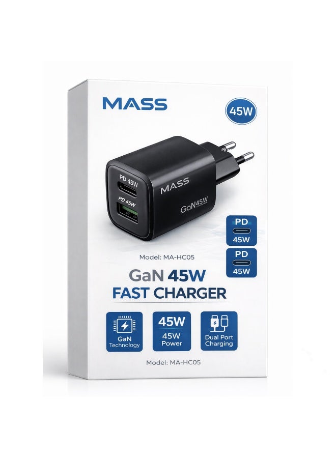 ماس شاحن Mass MA-HC05 ثنائي المنافذ (2 USB-C) بقدرة 45 واط، متوافق مع معايير الاتحاد الأوروبي، شحن سريع، تصميم صغير الحجم، مزود بميزات أمان، أسود | ضمان لمدة 12 شهرًا - Image 1