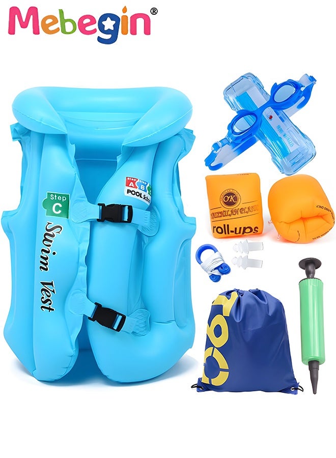 MEBEGIN 6Pcs Kids Swim Vest Set with Inflator Swimming Goggles, Sleeves, Swimming Bag, Nose Clip and Earplugs, Floatation Vest with Adjustable Buckles, Buoyancy Swimming Aid Float Jacket for Learning Swiming, Perfect for Pool, Swim Lesson, Beach and Water Party - Image 1