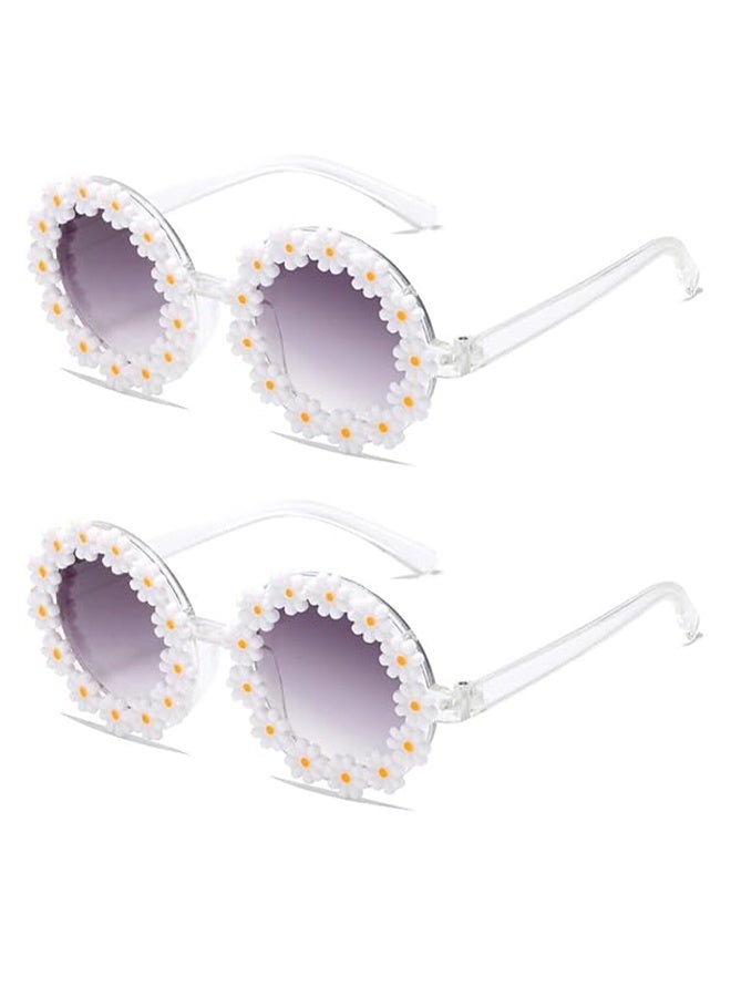 2PCS Round Flower Sunglasses for Girls Flower Shaped Cute Glasses UV 400 Protection Outdoor Beach Girl Boy(White) - Image 1