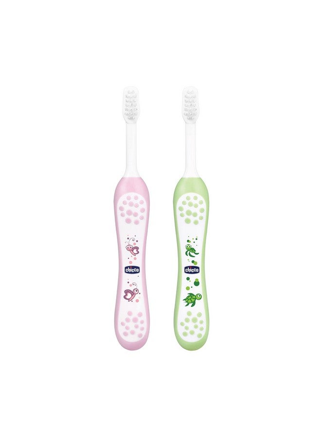 Chicco Baby Toothbrush For Infants (6M-36M), Set Of 2 | Extra Soft Tapered Bristles Ideal For Milk Teeth | Bpa Free (Pink, Green) - Image 1