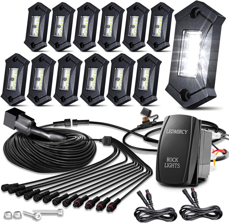 LEDMIRCY مجموعة أضواء الصخور LEDMIRCY R3 البيضاء النقية مع مفتاح تبديل وحزمة الأسلاك 12 قطعة أضواء صخور LED بيضاء لجيب شاحنات الطرق الوعرة ATV UTV SUV أضواء تحت الجسم عالية الطاقة أضواء مسار الريغ تحت الجسم مقاومة للماء - Image 1