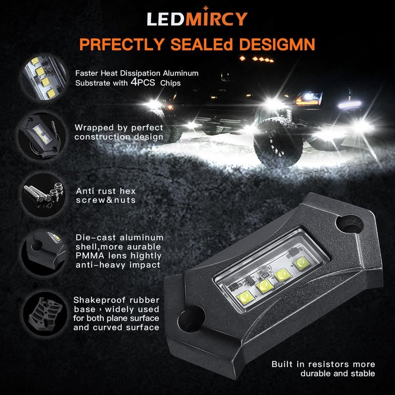 LEDMIRCY مجموعة أضواء الصخور LEDMIRCY R3 البيضاء النقية مع مفتاح تبديل وحزمة الأسلاك 12 قطعة أضواء صخور LED بيضاء لجيب شاحنات الطرق الوعرة ATV UTV SUV أضواء تحت الجسم عالية الطاقة أضواء مسار الريغ تحت الجسم مقاومة للماء - Image 3