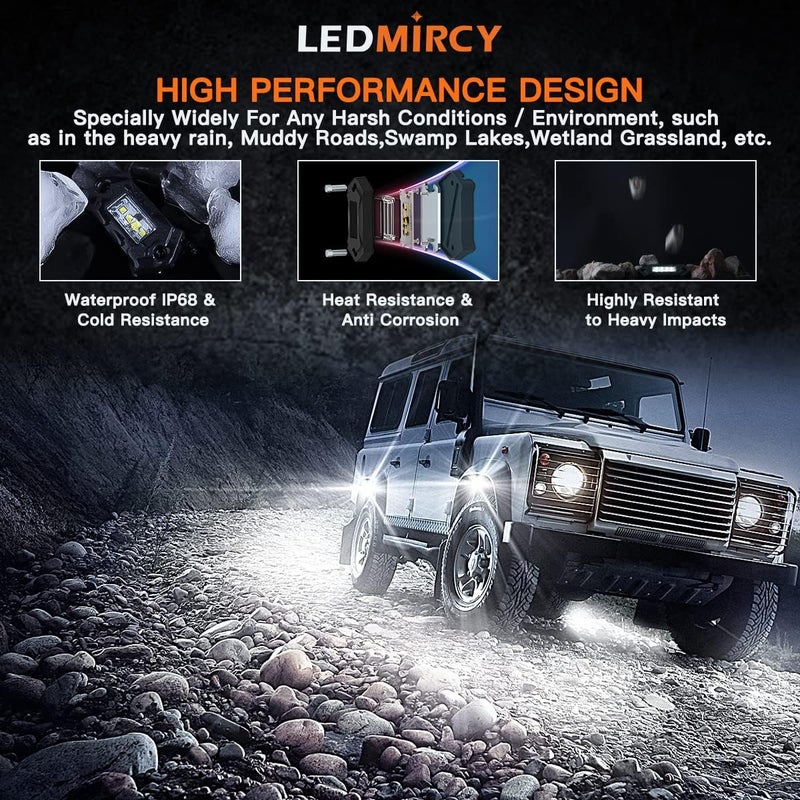 LEDMIRCY مجموعة أضواء الصخور LEDMIRCY R3 البيضاء النقية مع مفتاح تبديل وحزمة الأسلاك 12 قطعة أضواء صخور LED بيضاء لجيب شاحنات الطرق الوعرة ATV UTV SUV أضواء تحت الجسم عالية الطاقة أضواء مسار الريغ تحت الجسم مقاومة للماء - Image 4