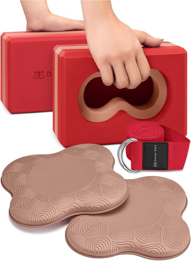 Deep-Zen® Yoga Blocks Wrist Support; Yoga Blocks 2 Pack with Knee Pads and Strap to Put Less Weight on Wrists; Durable, Versatile Yoga Brick Exercise Block Set, Blocks Yoga (Red) - Image 1