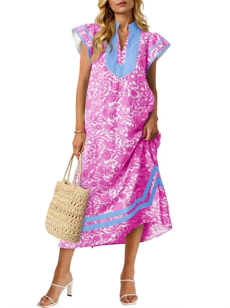 Wenrine Womens Summer Floral Maxi Dress Casual Short Cap Sleeve V Neck Color Block Side Slit Loose Boho Beach Dresses Pink - Image 1