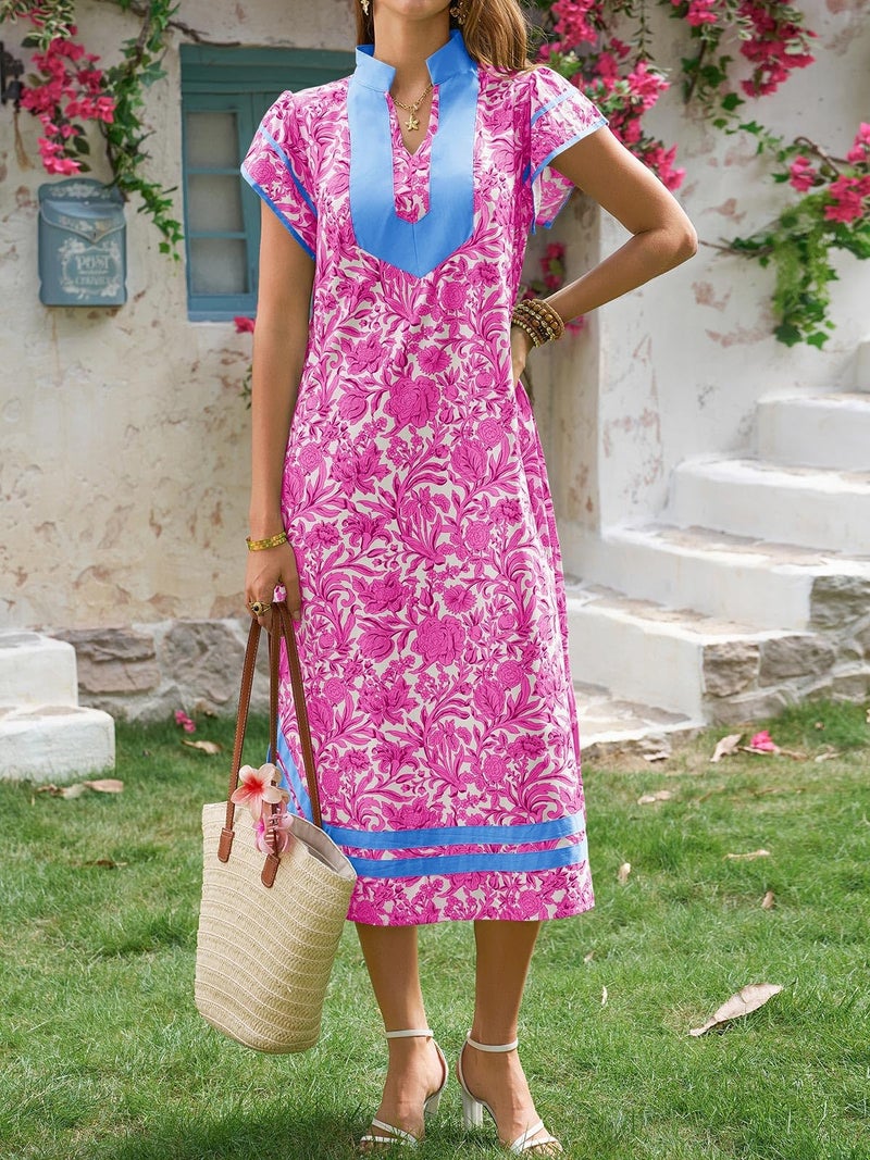 Wenrine Womens Summer Floral Maxi Dress Casual Short Cap Sleeve V Neck Color Block Side Slit Loose Boho Beach Dresses Pink - Image 3