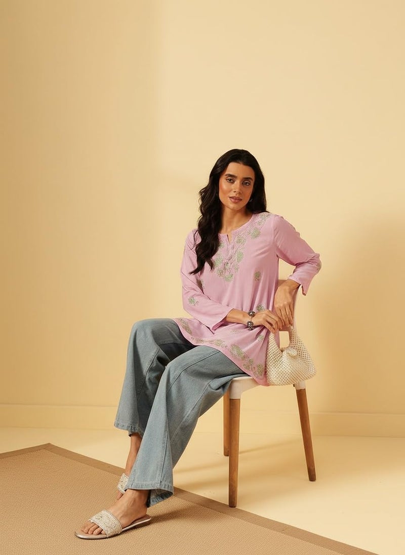 QAZMI Women Cotton Regular Fit Zayesha Kashmiri A-Line Short Kurti Pink, Large - Image 5
