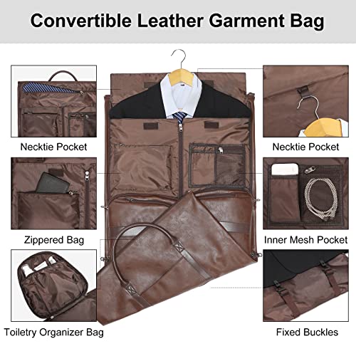 Modoker Convertible Leather Garment Bag, Carry on Garment Bags for Travel, Garment Duffel Bag, Gifts for Men Women Business Waterproof Suitcase Suit Travel Bags, Brown - Image 3