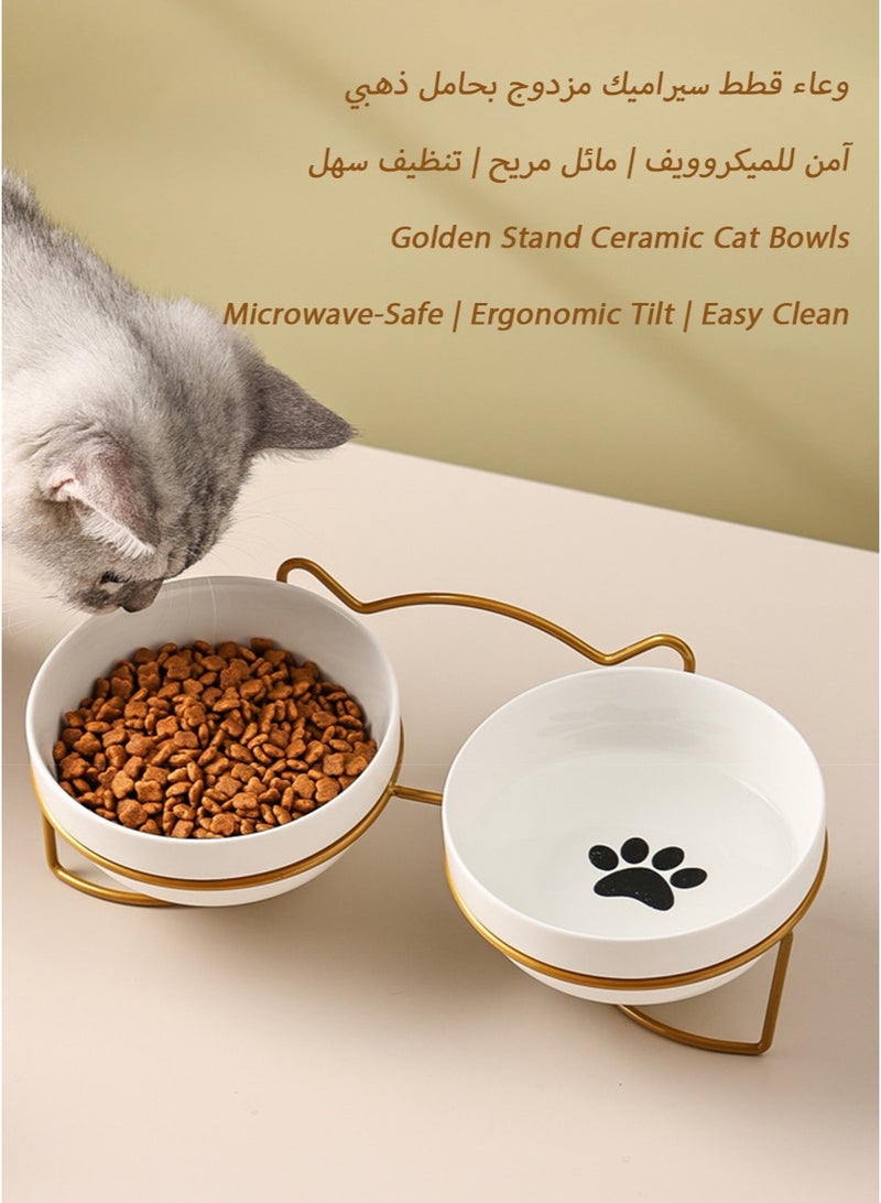 Golden Stand Ceramic Double Cat Bowl with Microwave-Safe Design, Smooth Glaze, Thick Build, and Ergonomic Tilt for Safe, Stylish Feeding - Image 1