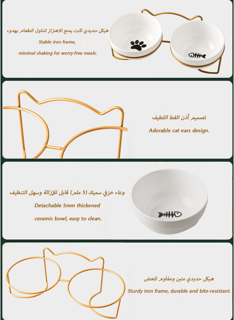 Golden Stand Ceramic Double Cat Bowl with Microwave-Safe Design, Smooth Glaze, Thick Build, and Ergonomic Tilt for Safe, Stylish Feeding - Image 4