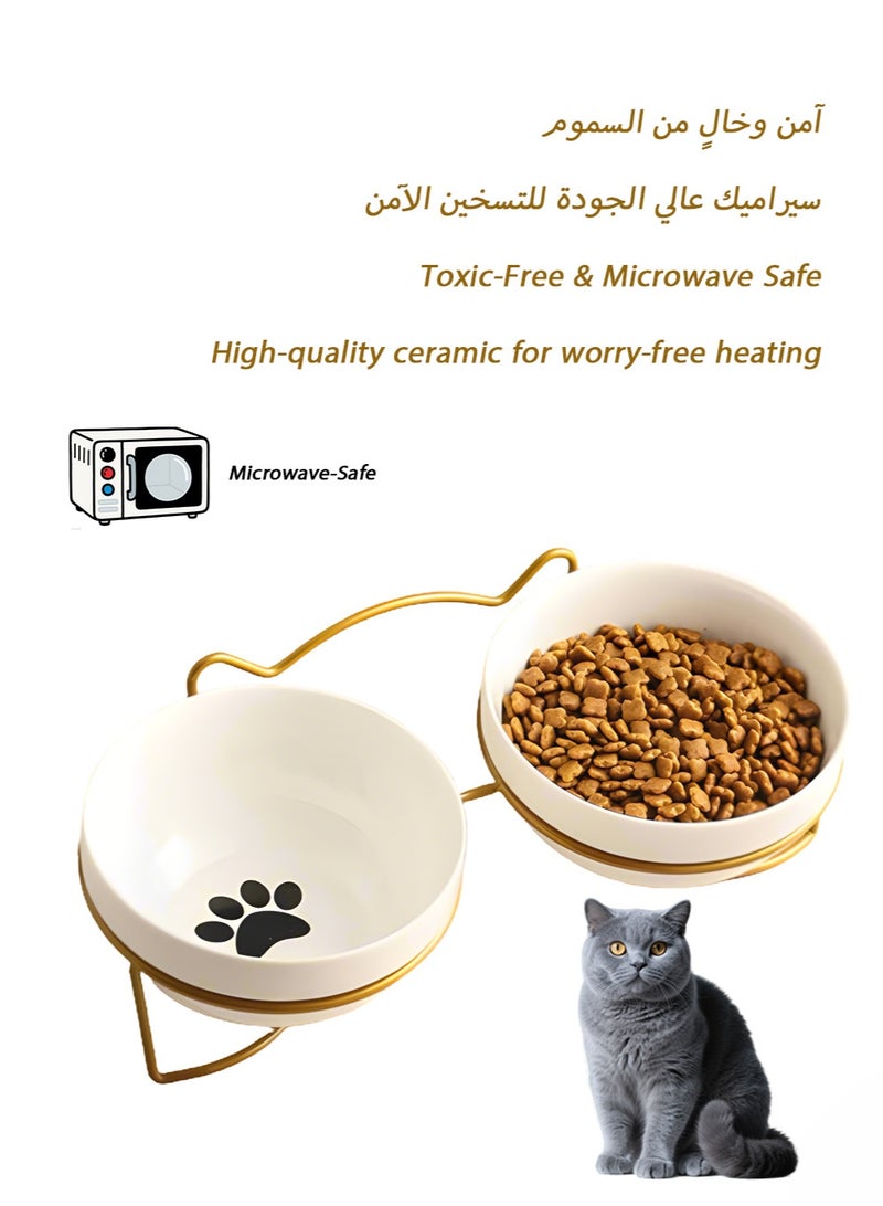 Golden Stand Ceramic Double Cat Bowl with Microwave-Safe Design, Smooth Glaze, Thick Build, and Ergonomic Tilt for Safe, Stylish Feeding - Image 2