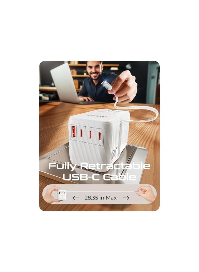Lencent LENCENT 85W Universal Travel Adapter with Retractable USB C Cable, GaN International Plug Adapter with 3 Type C &1 USB A Ports Fast Charging, Worldwide Outlet Converter for US to European EU UK AUS  - Image 3