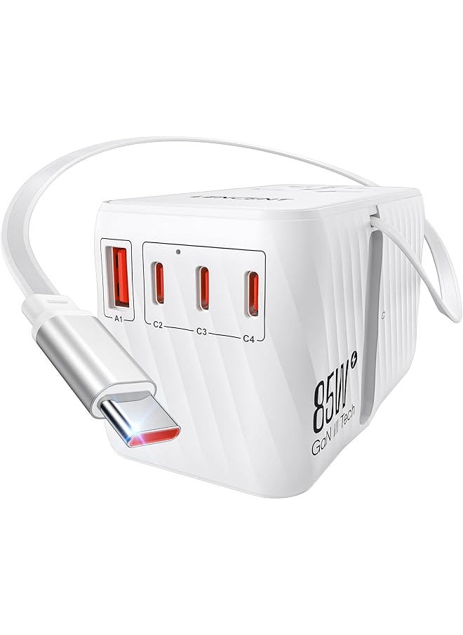Lencent LENCENT 85W Universal Travel Adapter with Retractable USB C Cable, GaN International Plug Adapter with 3 Type C &1 USB A Ports Fast Charging, Worldwide Outlet Converter for US to European EU UK AUS  - Image 1