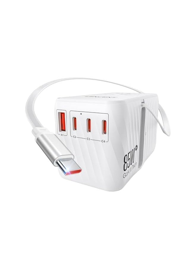Lencent LENCENT 85W Universal Travel Adapter with Retractable USB C Cable, GaN International Plug Adapter with 3 Type C &1 USB A Ports Fast Charging, Worldwide Outlet Converter for US to European EU UK AUS  - Image 2