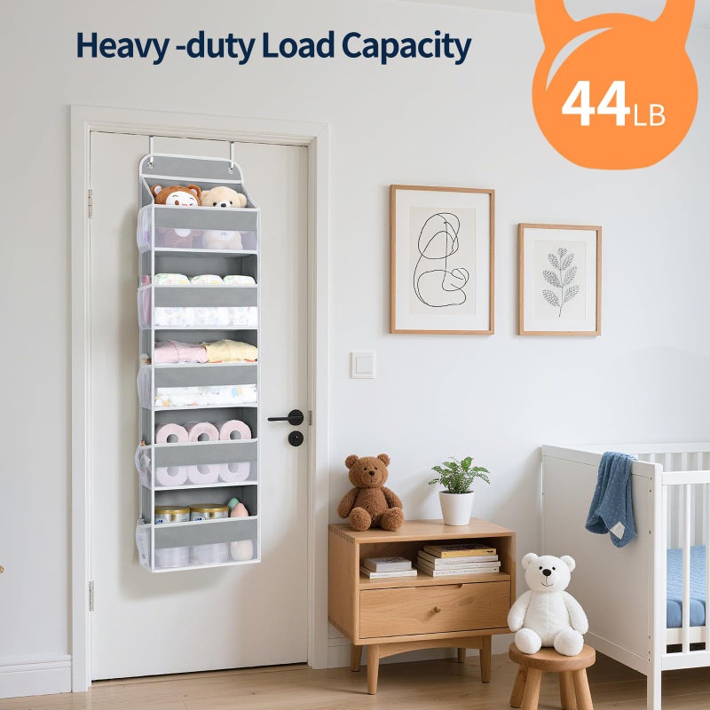 Yecaye Over The Door Organizer Storage, 5-Tier Heavy Duty Door Organizers Hanging with 10 Side Mesh Pockets, 44 lbs Load Capacity Behind Door Storage for Bathroom Nursery Bedroom Dorm Closet, Grey - Image 3