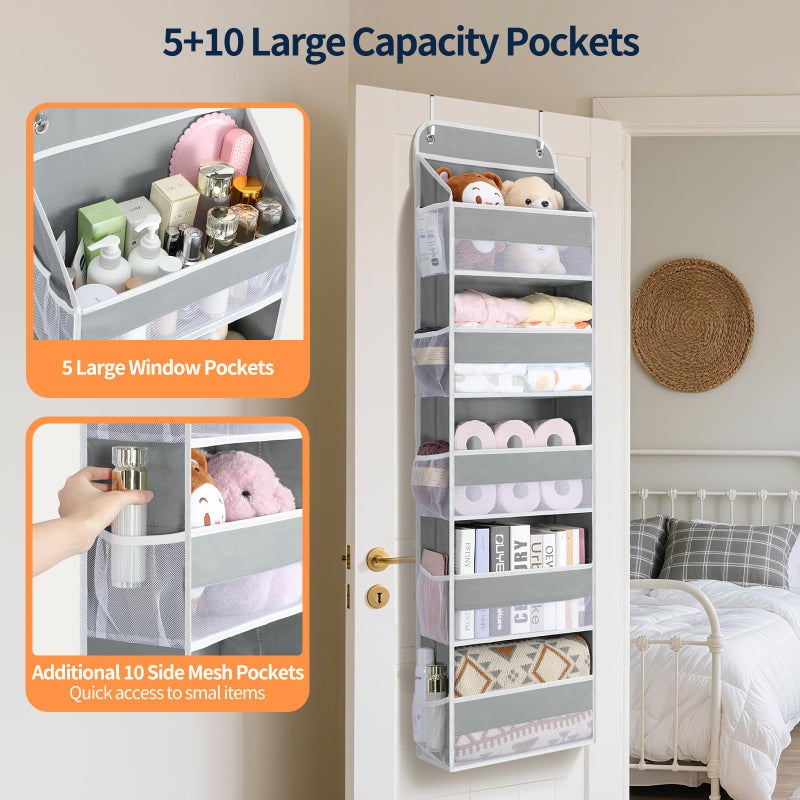Yecaye Over The Door Organizer Storage, 5-Tier Heavy Duty Door Organizers Hanging with 10 Side Mesh Pockets, 44 lbs Load Capacity Behind Door Storage for Bathroom Nursery Bedroom Dorm Closet, Grey - Image 2