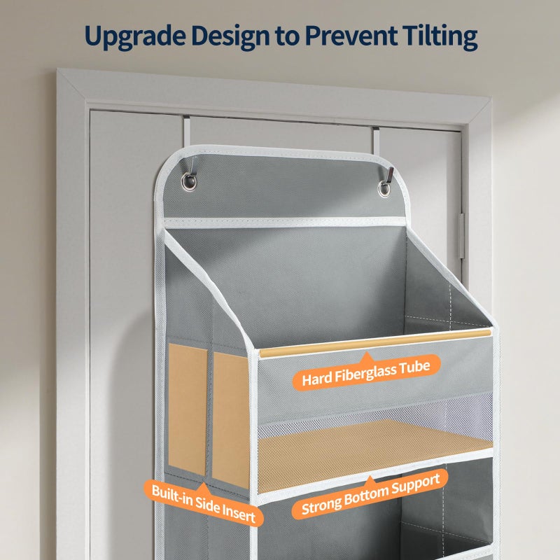 Yecaye Over The Door Organizer Storage, 5-Tier Heavy Duty Door Organizers Hanging with 10 Side Mesh Pockets, 44 lbs Load Capacity Behind Door Storage for Bathroom Nursery Bedroom Dorm Closet, Grey - Image 4